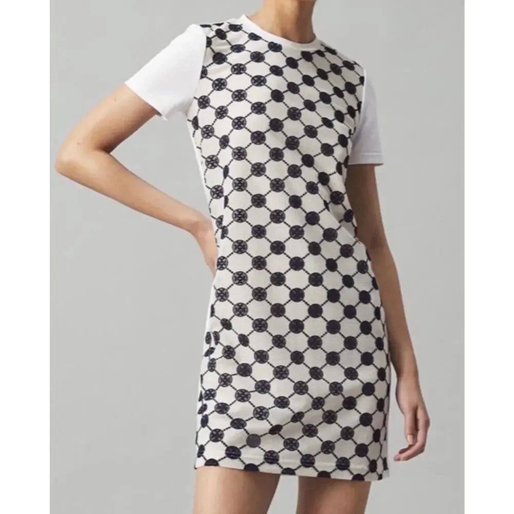 NWT Tory Burch Logo Lace Embroidered T Shirt Dress White Navy XS